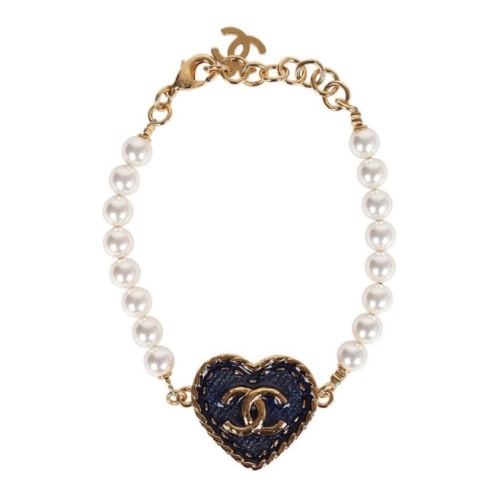 CHANEL Pearl & Denim Blue CC Heart Bracelet